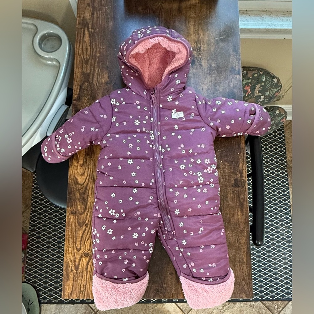 Osh Kosh B’Gosh 3 Month Girls Infant Snowsuit Purple &  Pink with Fleece Hood